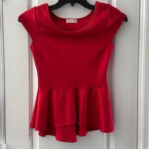 Red Peplum Top With Cap Sleeves  Medium Size  96% Polyester 4% Spandex  Love J U